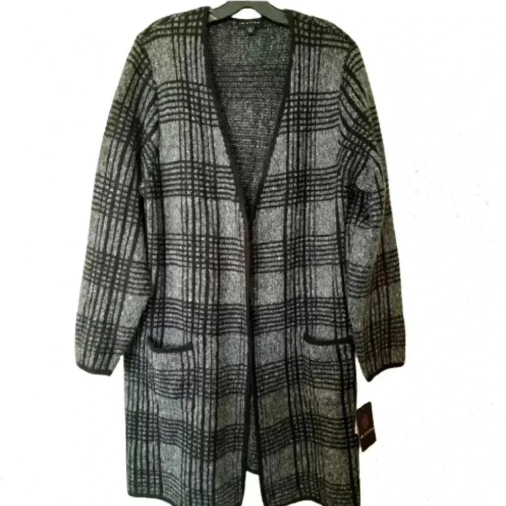 I.N. Studio Plaid Open Cardigan Duster Pockets Black Gray XL NWT